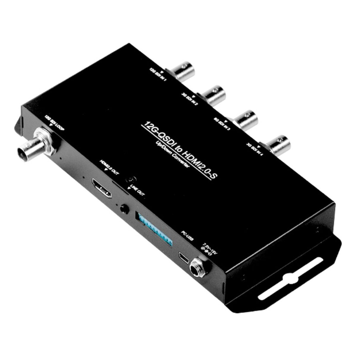 Yuan 12G-QSDI to HDMI2.0-S SDI to HDMI converter, angled view