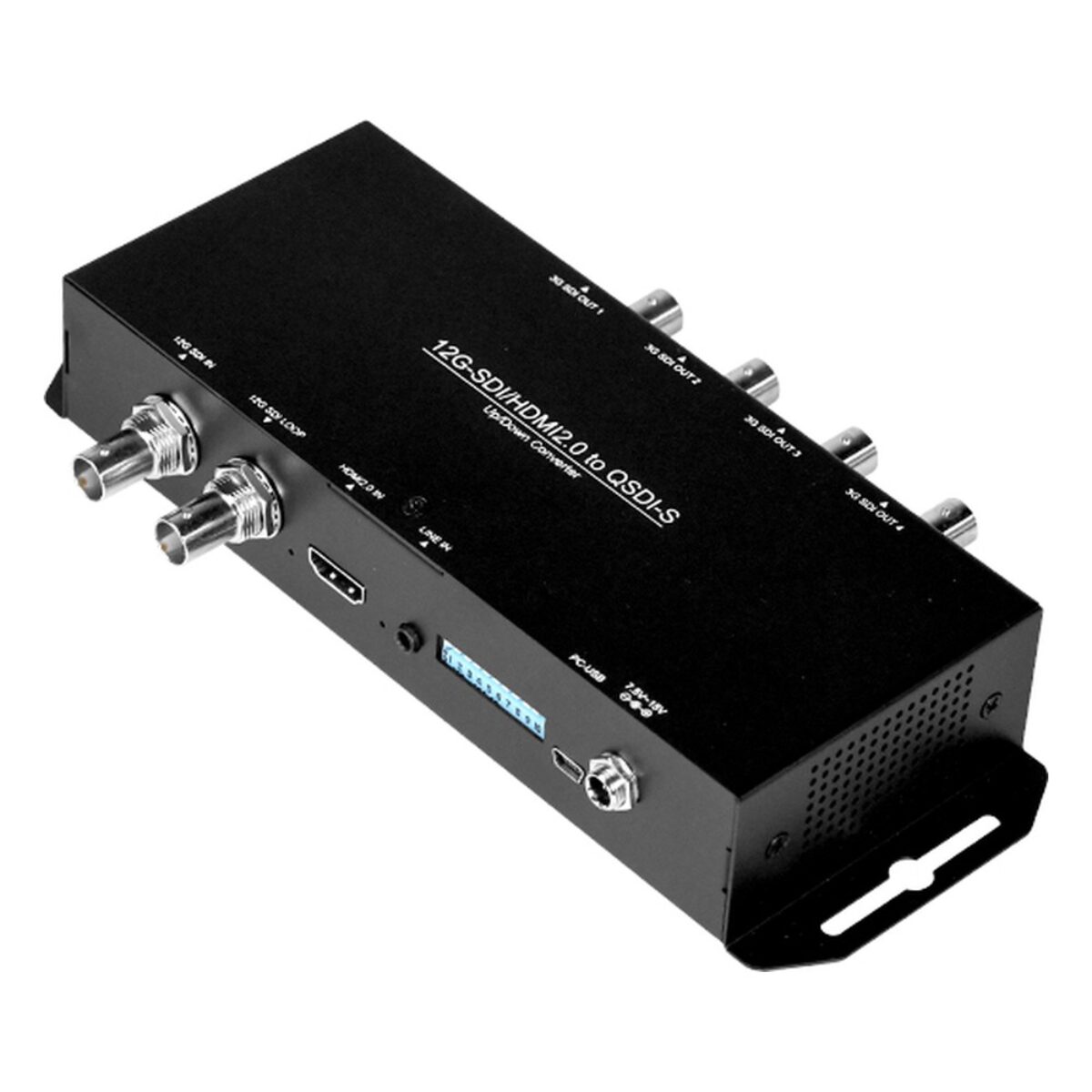 Yuan 12G-SDI/HDMI2.0 to QSDI-S 12G-SDI converter, angled view