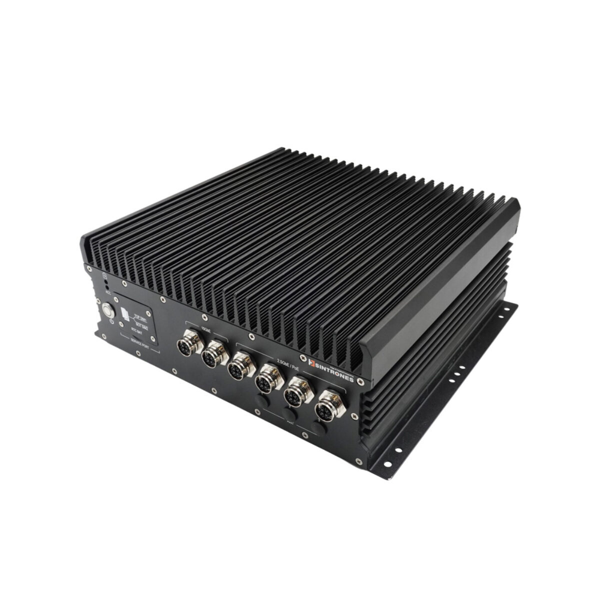 Sintrones ABOX-5221-IP66 waterproof edge AI computer, front view with six M12 X-coded 10GbE and 2.5GbE LAN ports