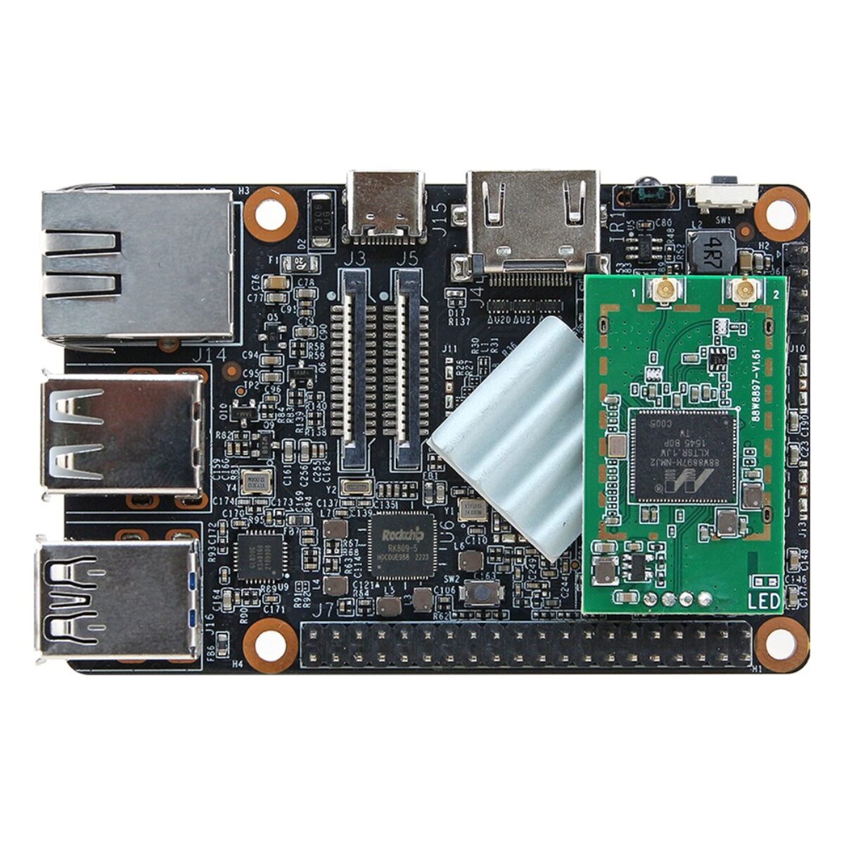 Avalue ACP-3566-PI Raspberry Pi form factor SBC, top side with Wi-Fi module, heatsink, camera connectors, HDMI and RJ45