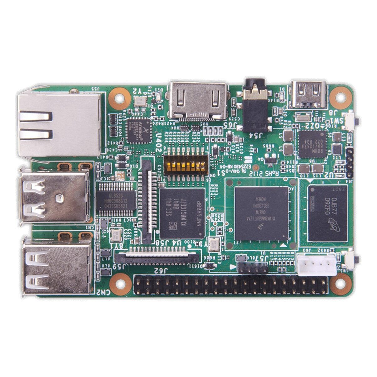 Avalue ACP-IMX8-PI Raspberry Pi form factor SBC, top side with 40-pin header, HDMI, USB-C, RJ45 and four USB Type-A