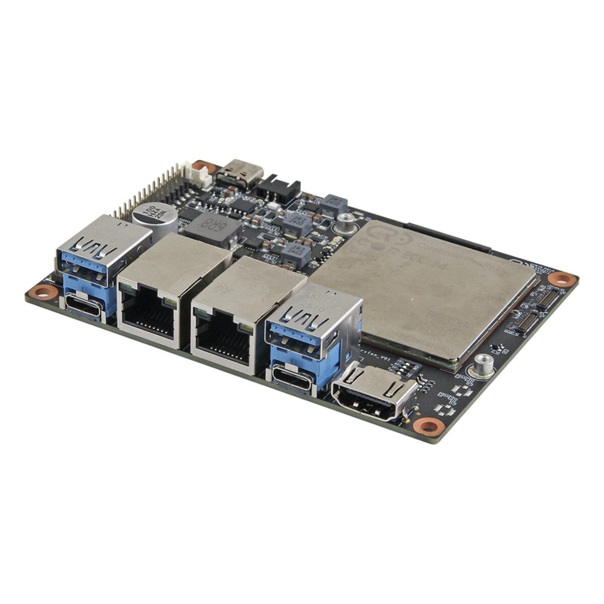 Avalue ACP-Q6490 2.5" Pico-ITX SBC, angled view with shielded processor module, dual RJ45, two USB 3 over USB-C and HDMI