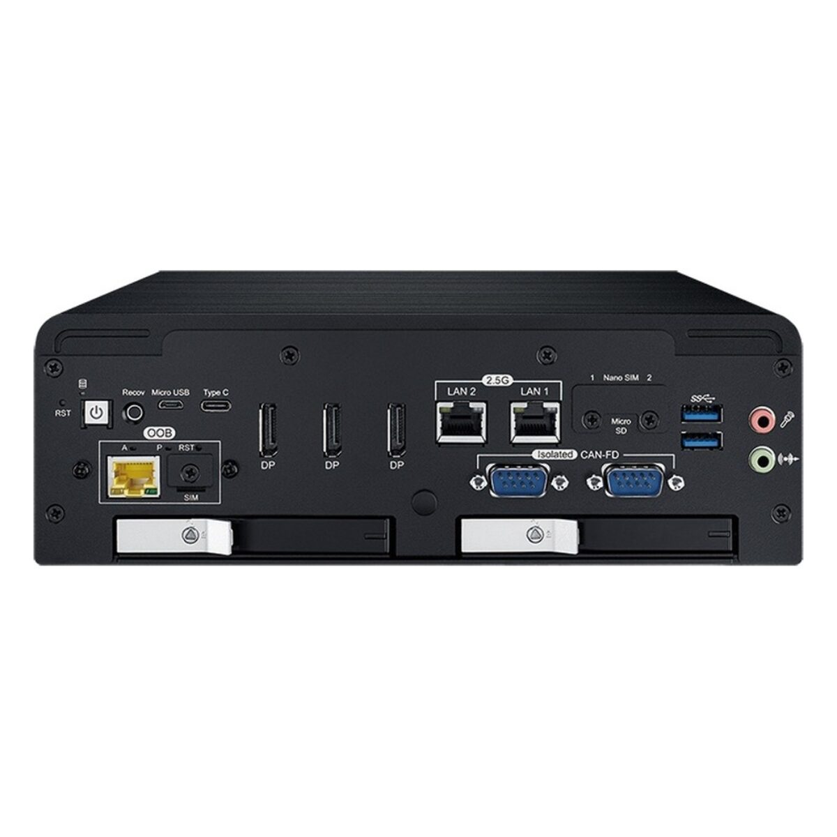 Vecow ACS-1000 in-vehicle AI computer, front panel with removable SSD trays, 2.5GbE LAN, USB and DisplayPort