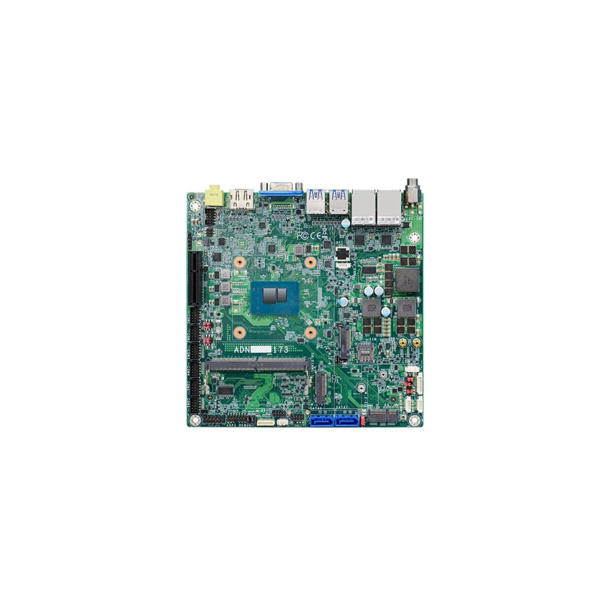 DFI ADN173 Mini-ITX SBC, top view with HDMI, VGA, USB, two RJ45 ports, DC jack, SO-DIMM slot, M.2 and SATA