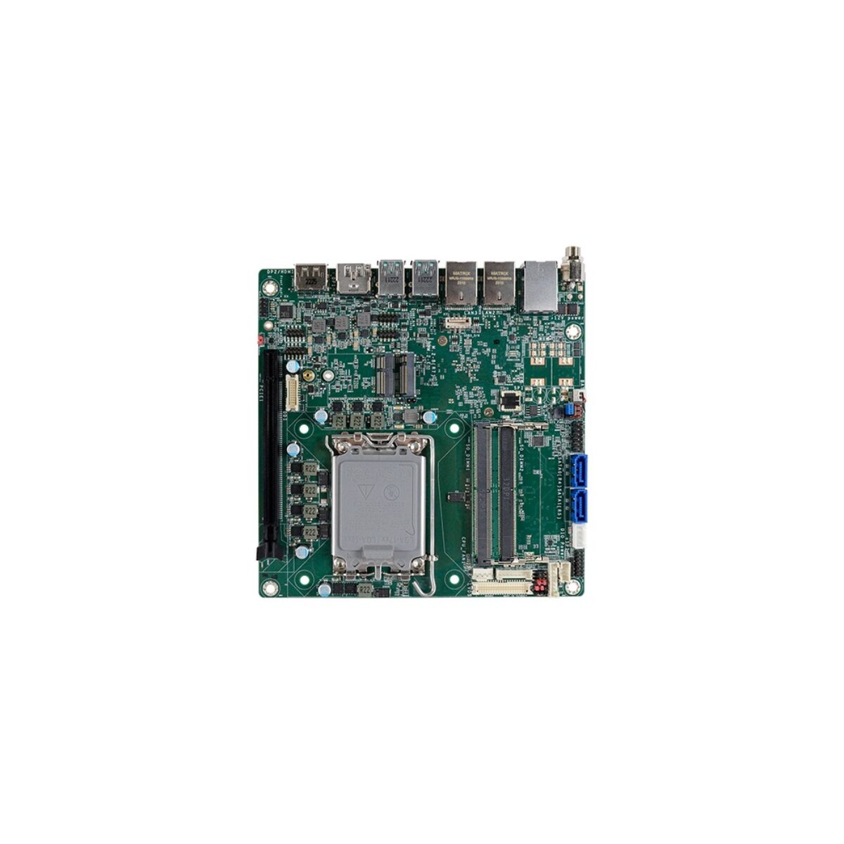 DFI ADS106 Mini-ITX motherboard, top view with LGA socket, two SO-DIMM slots, PCIe x16 slot and three RJ45 ports