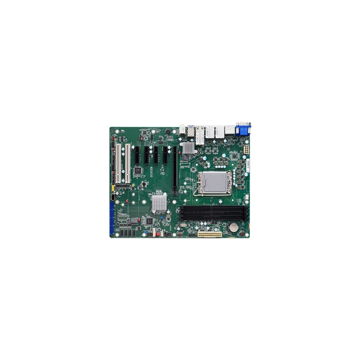 DFI ADS630 ATX motherboard, top view with CPU socket, four DIMM slots, PCIe and PCI slots and rear I/O