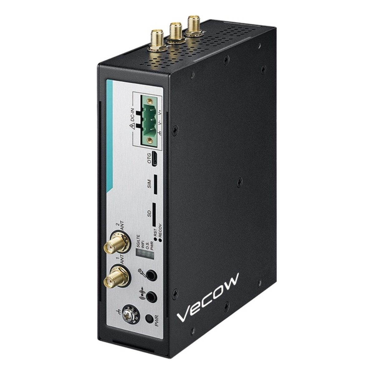 Vecow AIC-200 Qualcomm IoT gateway, angled view with antenna connectors, terminal block and front I/O