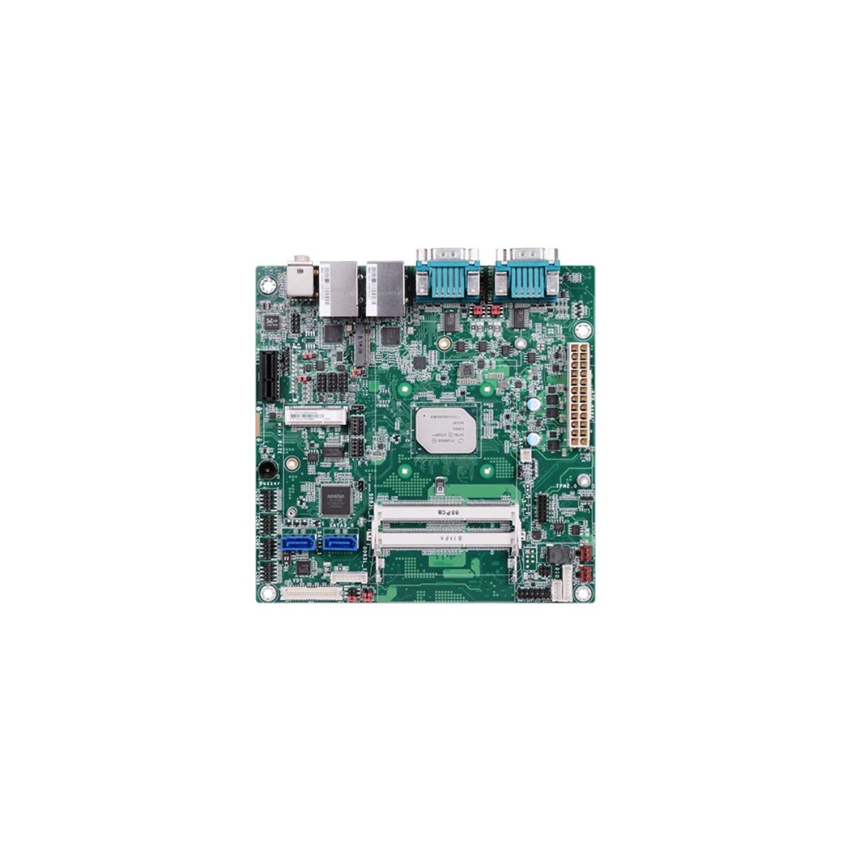 DFI AL170 Mini-ITX motherboard, top view showing the SoC, SO-DIMM slots, two COM ports, SATA and ATX power