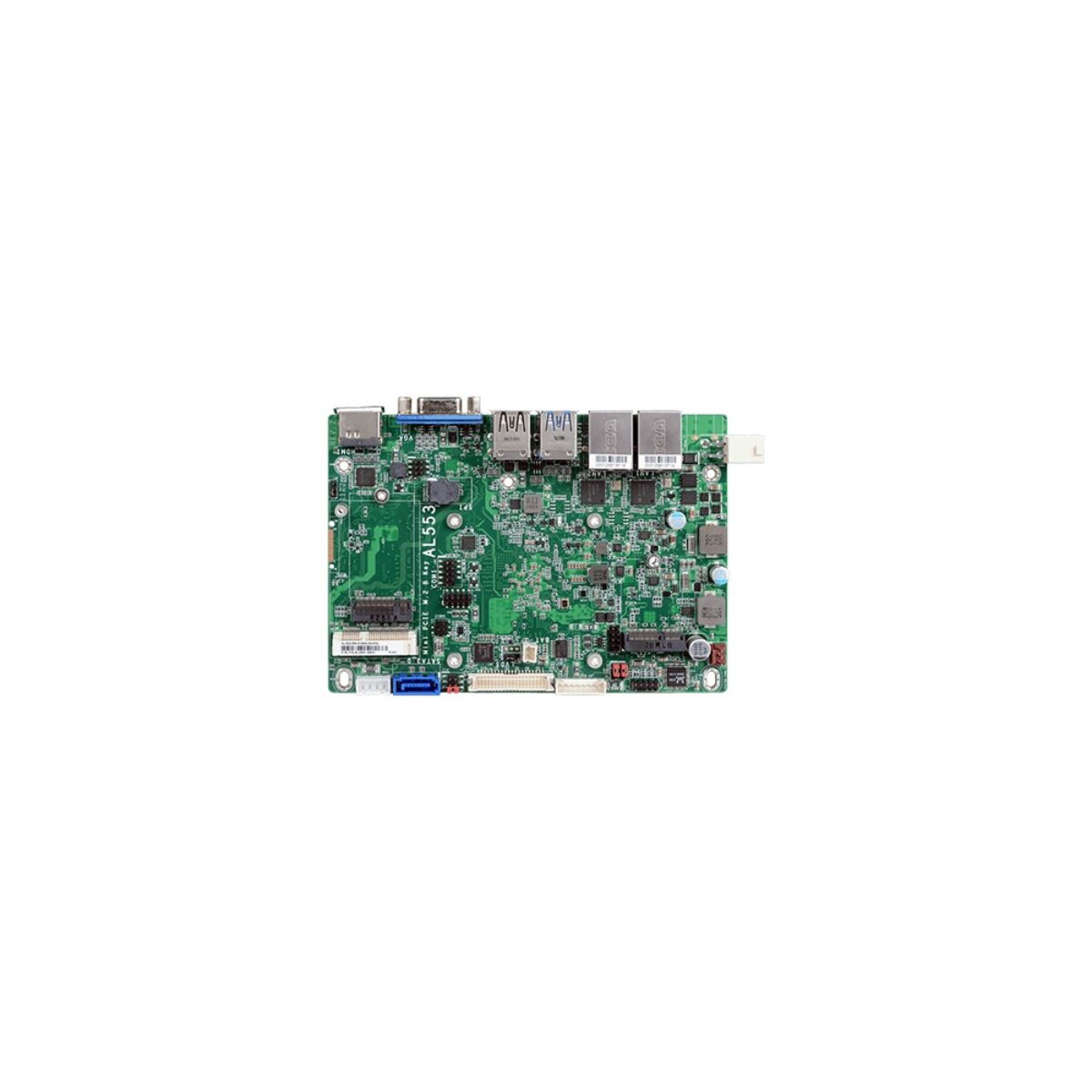 DFI AL553 3.5" SBC, top view showing VGA, two USB, two RJ45, M.2 slot, SATA and power connector