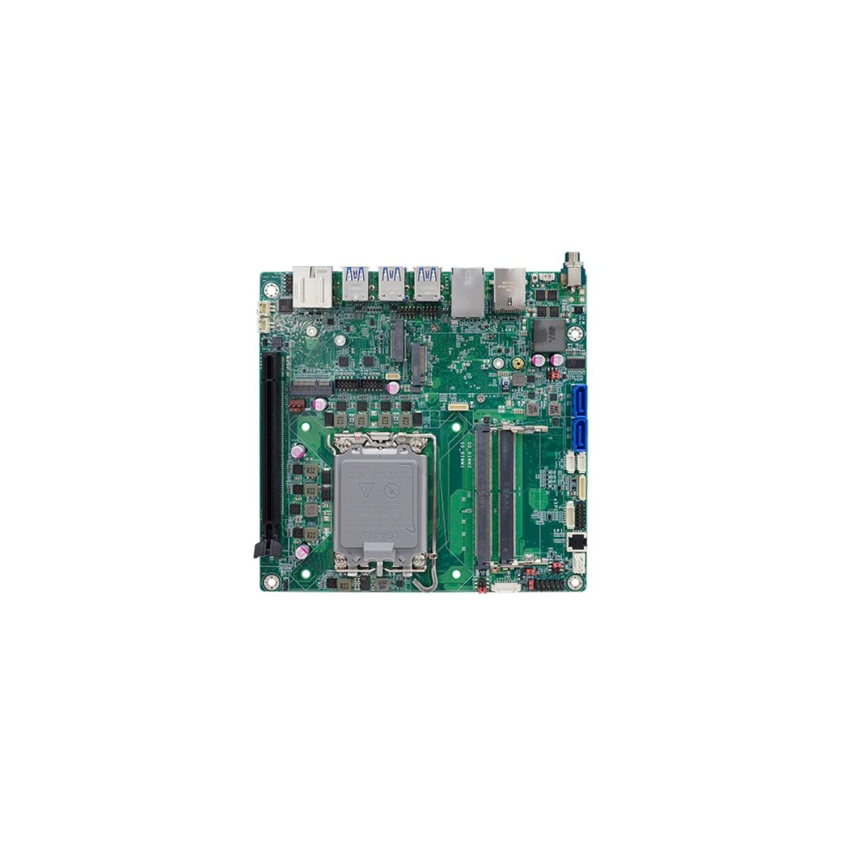 DFI ARS101 Thin Mini-ITX motherboard, top view with LGA 1851 socket cover, two SO-DIMM slots, M.2 slots and PCIe x16 slot