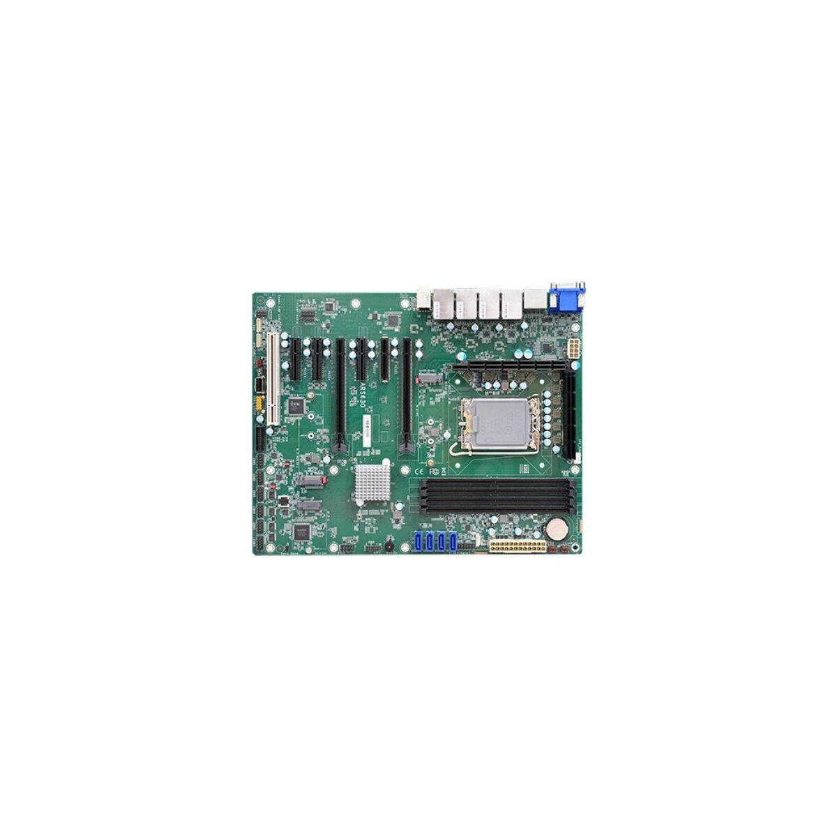DFI ARS630 ATX motherboard, top view with CPU socket, four DIMM slots, PCIe and PCI slots, SATA and M.2
