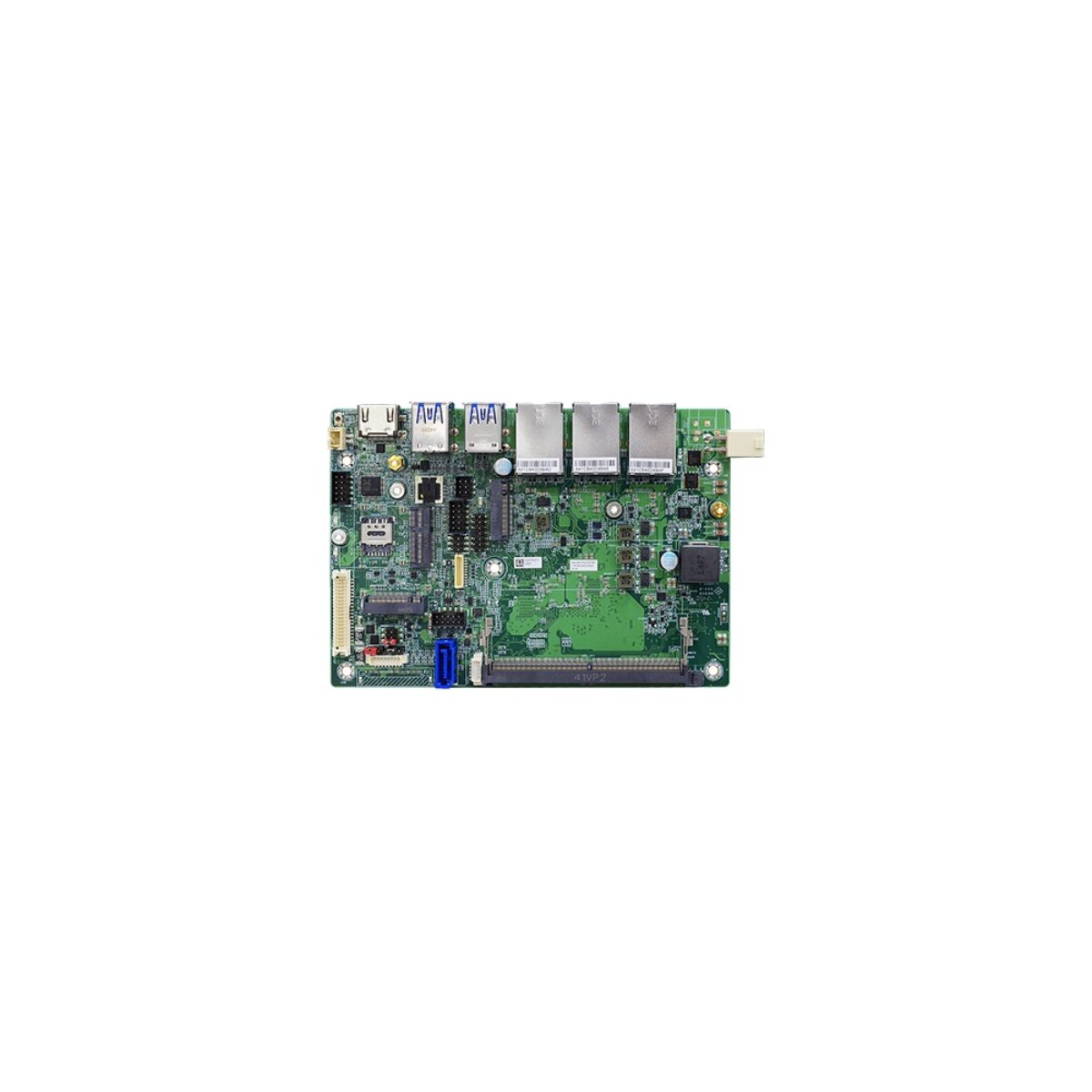 DFI ASL553 3.5" SBC, top view with HDMI, two USB, three RJ45 ports, SO-DIMM slot, M.2 slots and SATA
