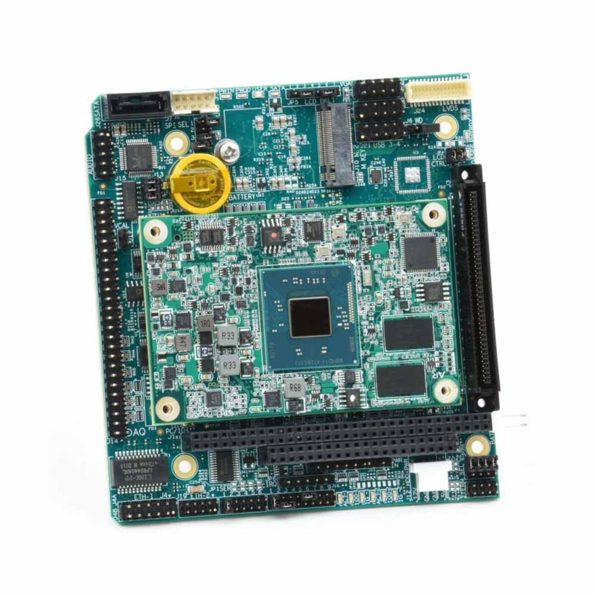 Diamond Systems ATHENA IV PC/104 SBC, top view with the COM Express module fitted and heat sink removed