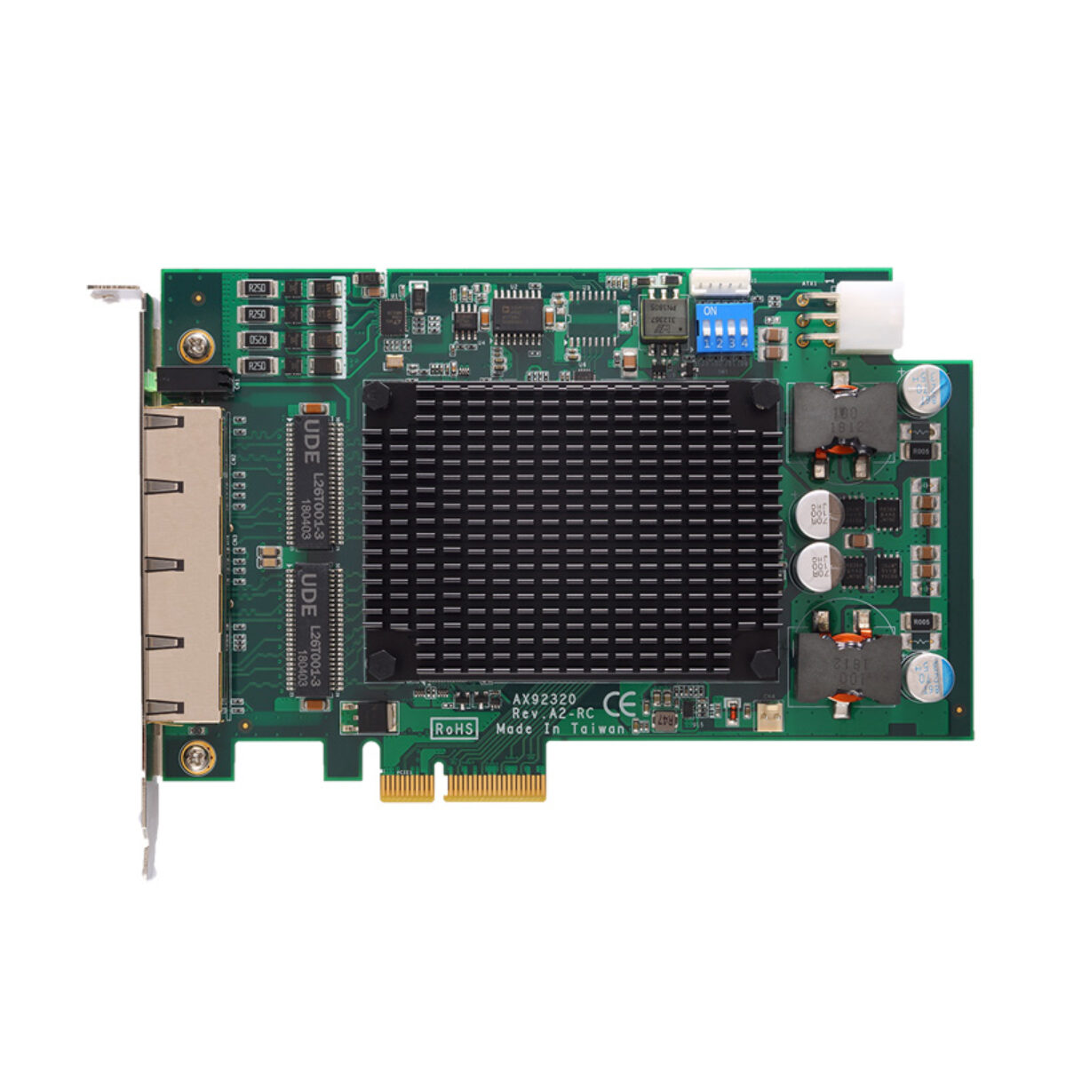 Axiomtek AX92320 PoE frame grabber card, top view with four RJ45 ports, heat sink and power connector