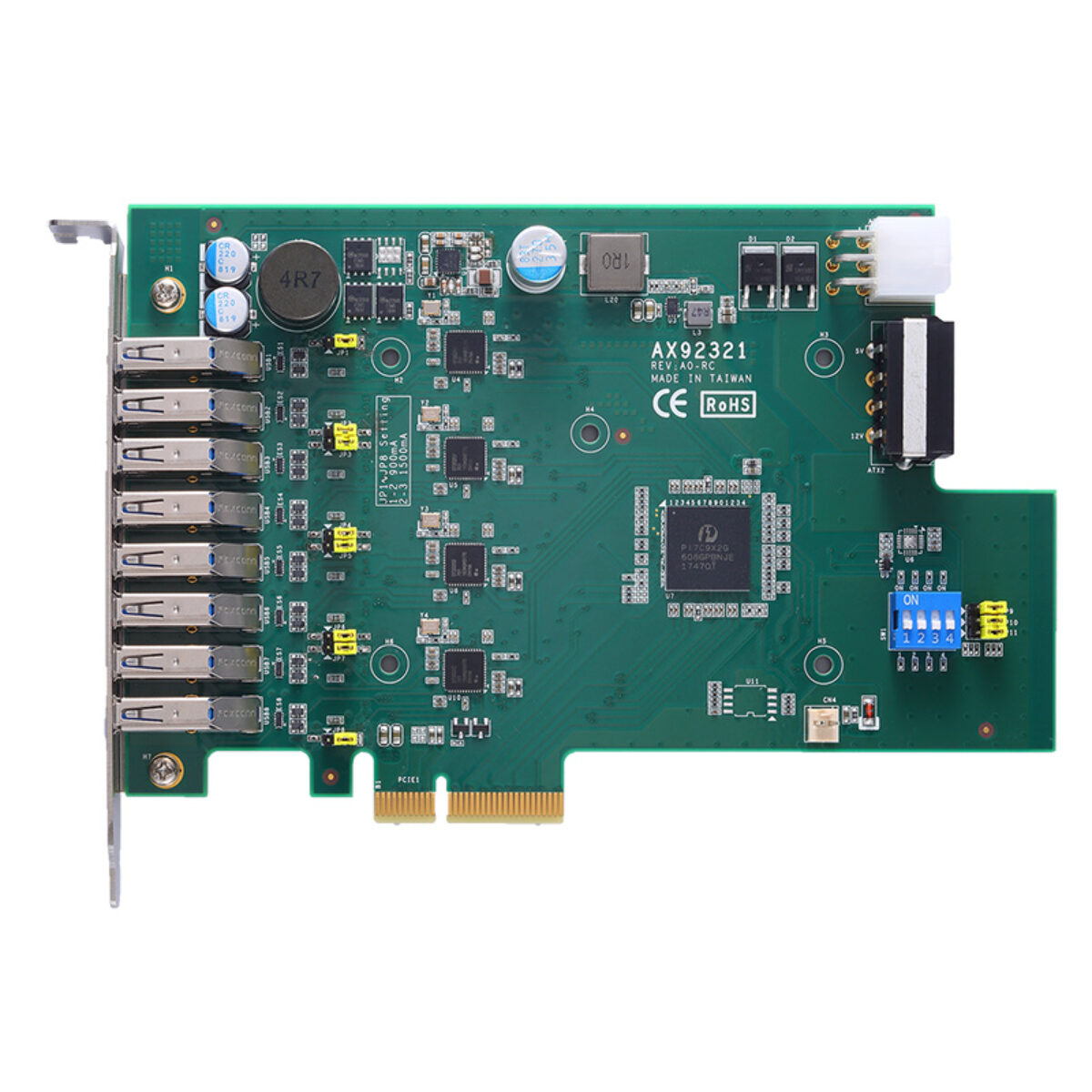 Axiomtek AX92321 USB 3.0 PCIe card, top view of an eight-port build with Type A ports and power connectors