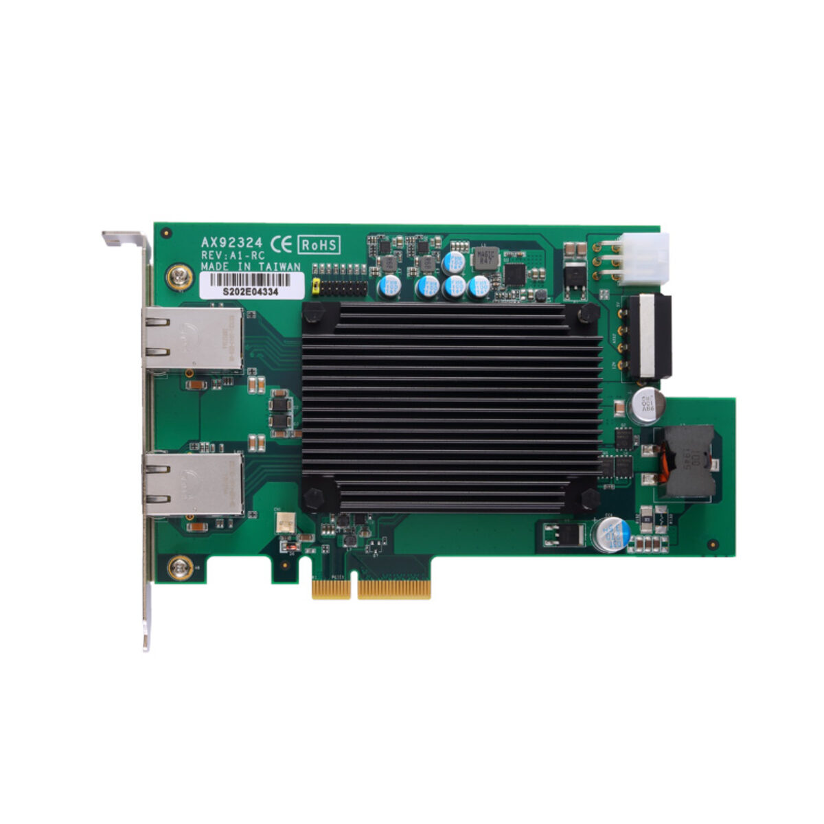 Axiomtek AX92324 10GbE LAN card, top view with two RJ45 ports and a heat sink