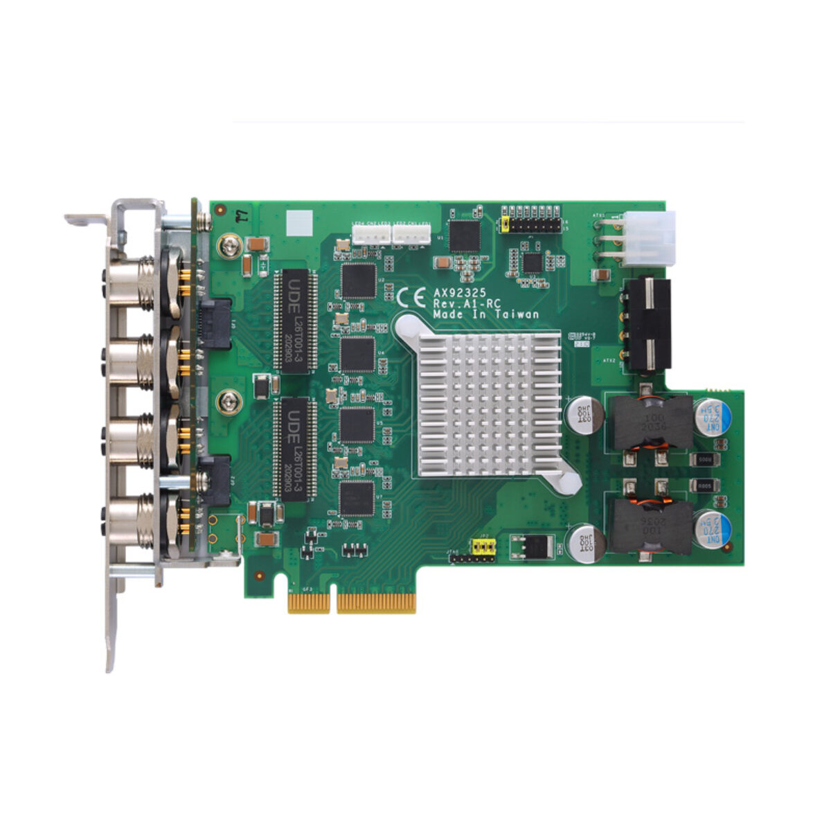 Axiomtek AX92325 M12 LAN card, top view with four M12 connectors and a heat sink