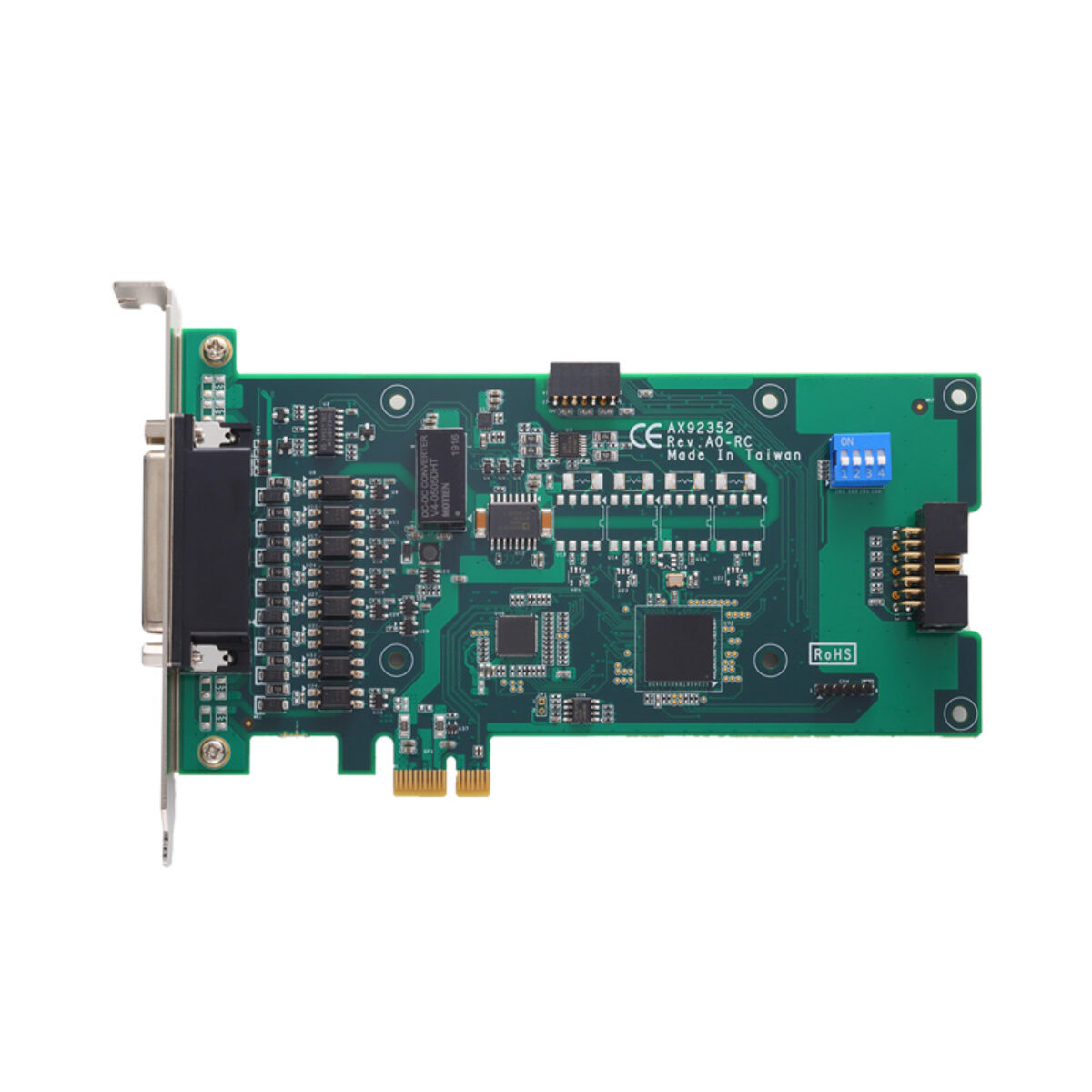 Axiomtek AX92352 encoder and trigger I/O card, top view with 44-pin D-sub connector and PCIe x1 edge