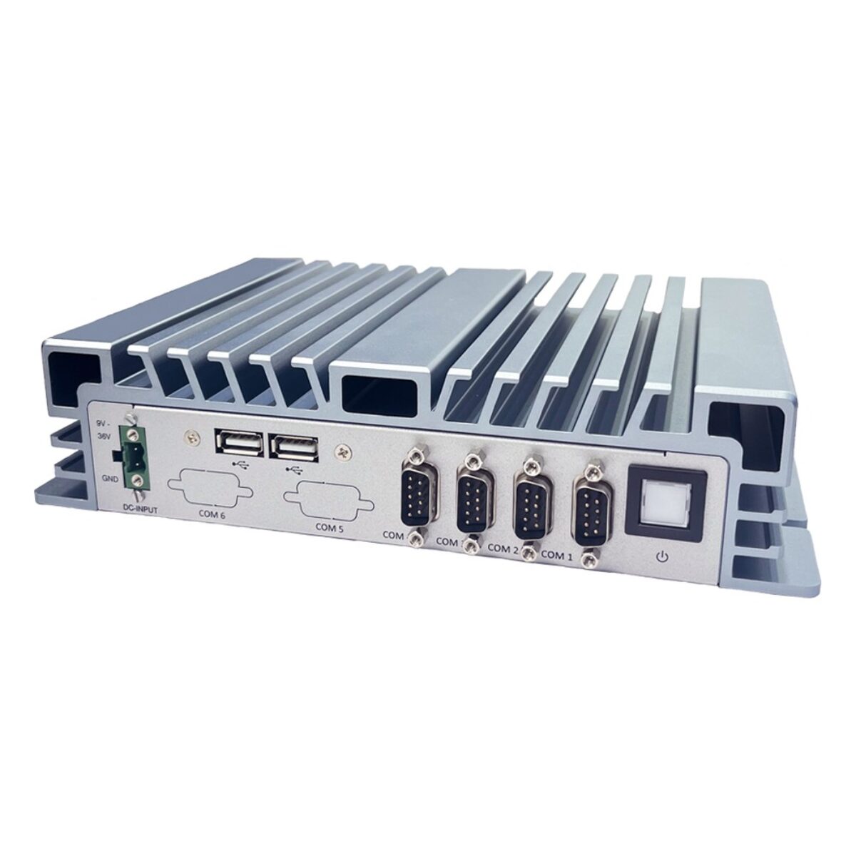 Arestech BPC-3064 fanless IoT gateway, angled front with four DB9 COM ports, two USB, power button and terminal block input