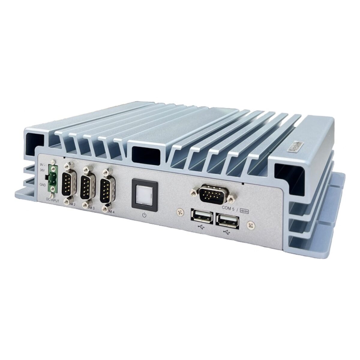 Arestech BPC-3112 mini industrial PC, angled front with four DB9 COM ports, two USB, power button and terminal block