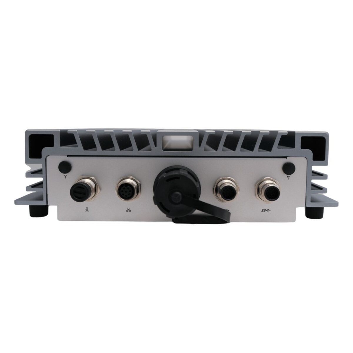 Arestech BPC-5012 rugged embedded computer, I/O side with M12 LAN and USB connectors around a capped circular port