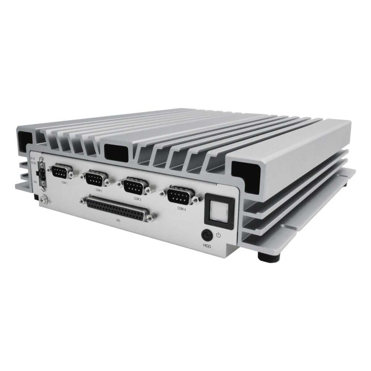 Arestech BPC-5097 rugged mini PC, angled view of DB9 COM ports, DIO connector, terminal block and finned heatsink