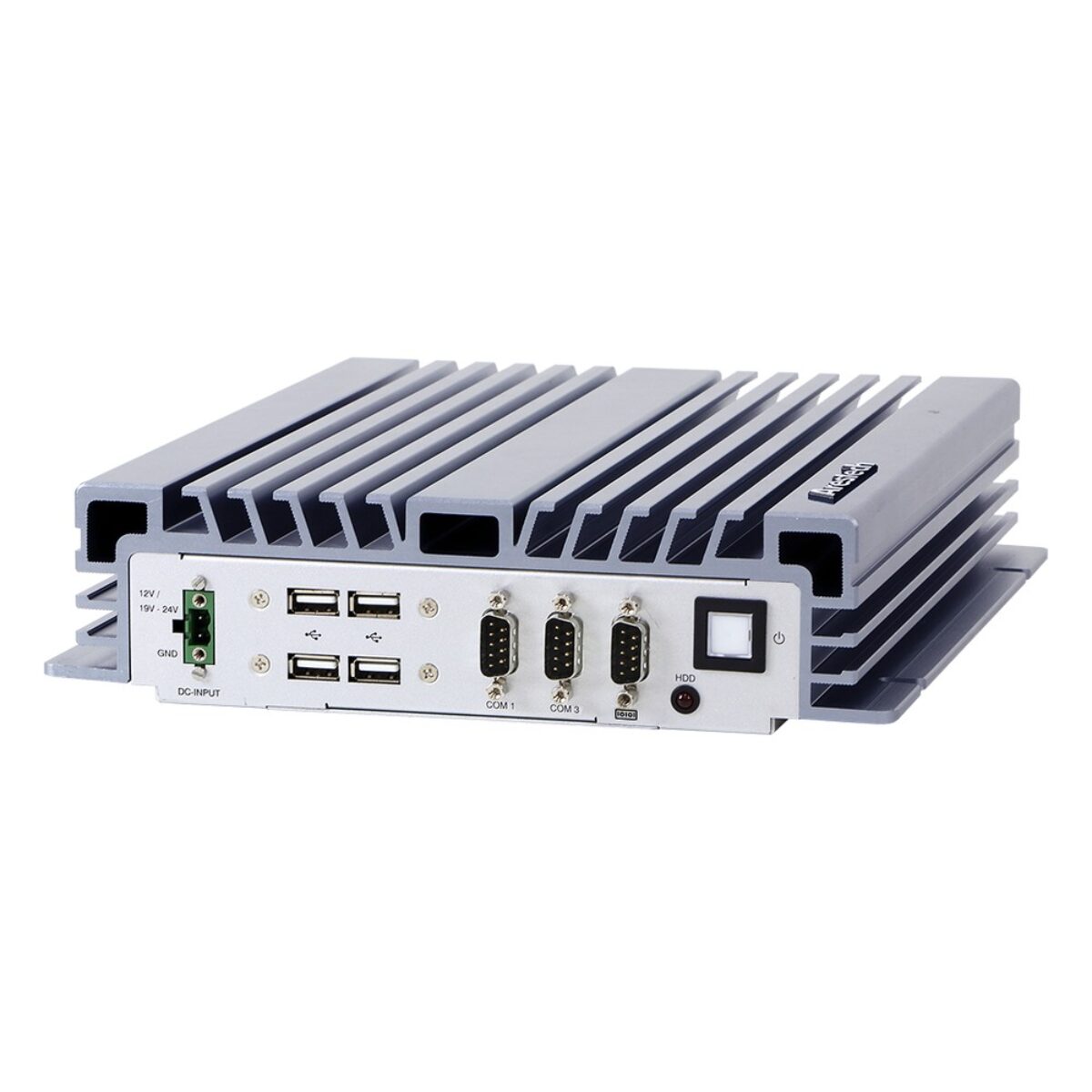 Arestech BPC-5112 small form factor embedded PC, angled front with four USB, three DB9 COM ports and terminal block