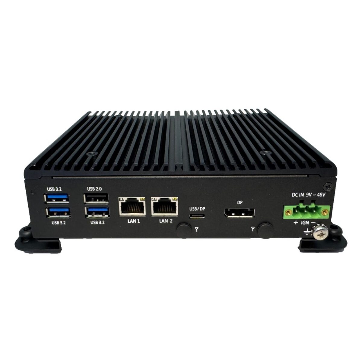 Arestech CB-2200/2250 rugged compact computer, I/O side with USB, dual RJ45, USB-C, DisplayPort and ignition terminal block