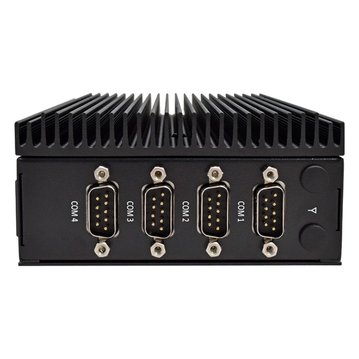 Arestech CB-2264 DIN-rail PC, end view with four DB9 COM ports below the black finned heatsink