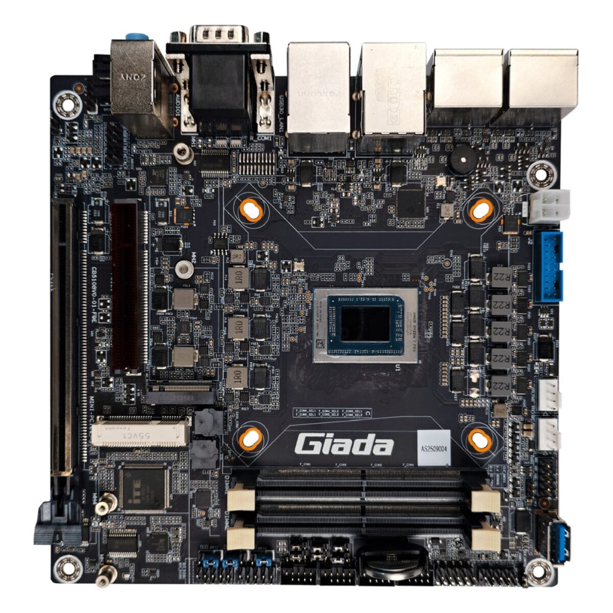 Giada CB5-108 Mini-ITX motherboard, top side with AMD Ryzen processor, two SO-DIMM slots, PCIe x16 slot, M.2 and DB9 COM