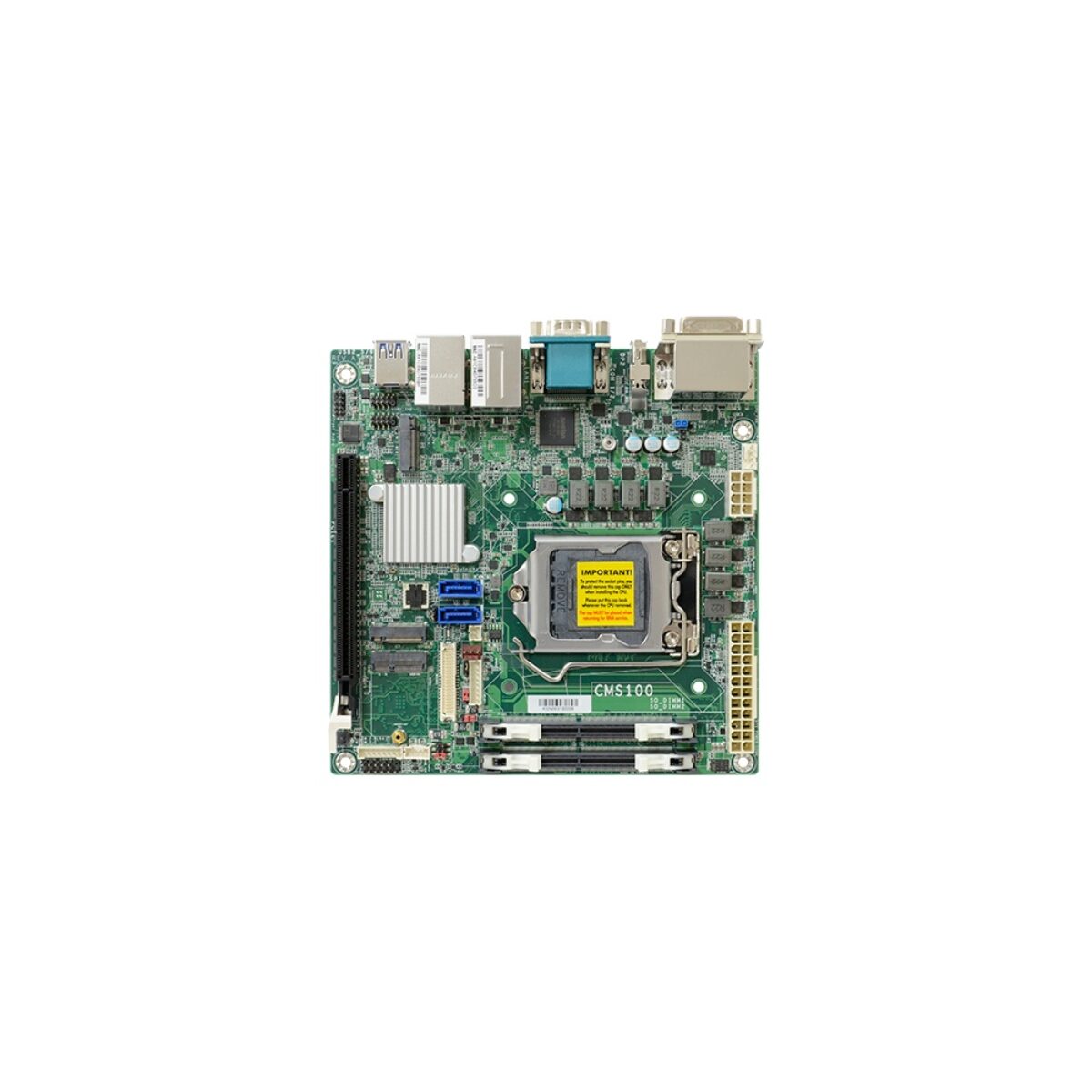 DFI CMS100 Mini-ITX motherboard, top view showing the LGA socket, PCIe x16 slot, two SO-DIMM slots, SATA and COM port