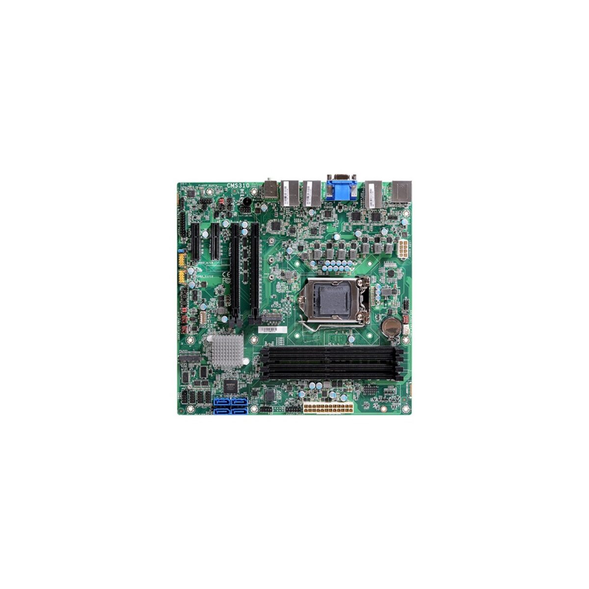 DFI CMS310 Micro-ATX motherboard, top view showing the LGA socket, four DIMM slots, PCIe slots, SATA and VGA port