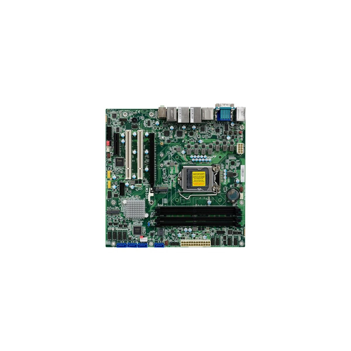 DFI CMS330 Micro-ATX motherboard, top view showing the LGA socket, four DIMM slots, PCI and PCIe slots