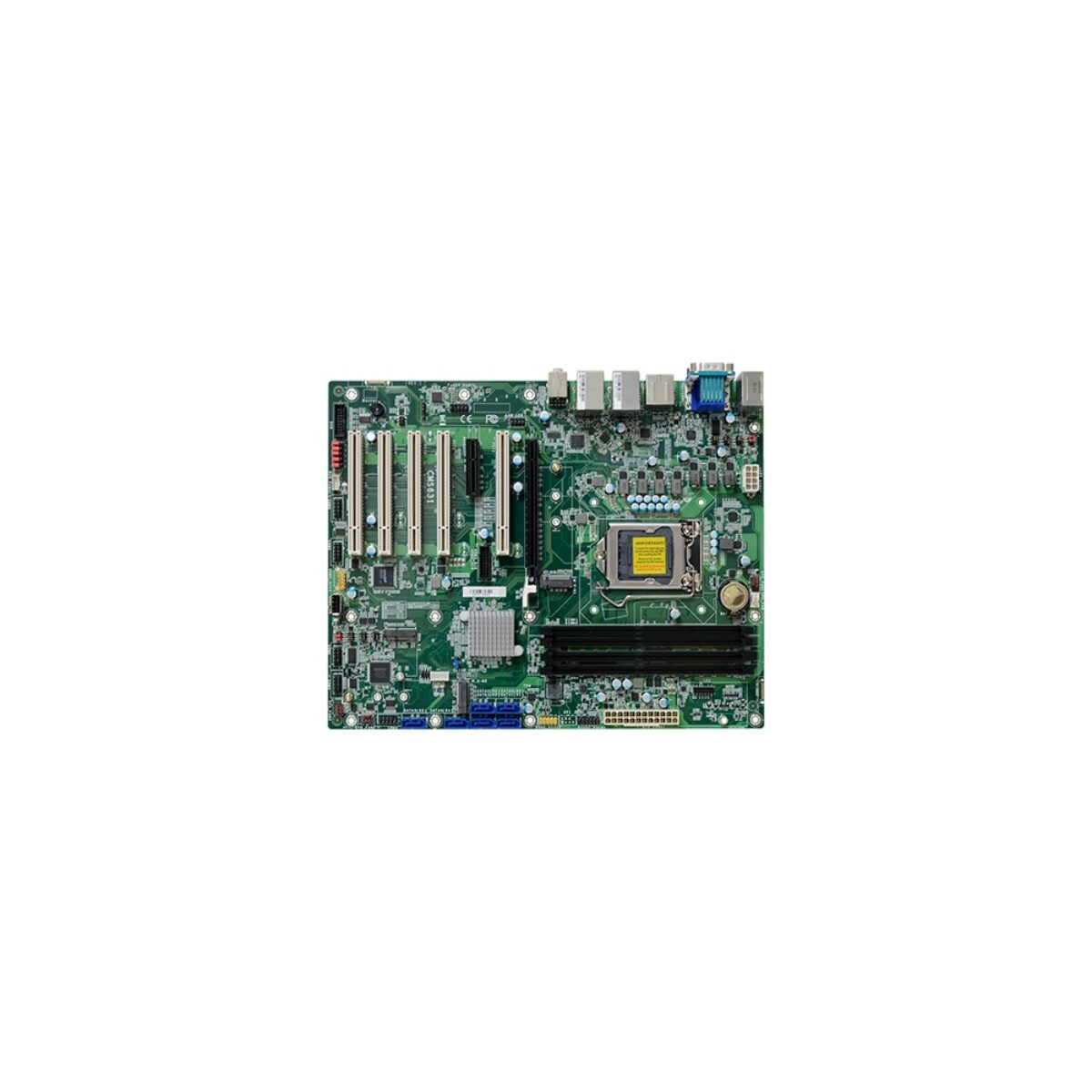 DFI CMS631 ATX motherboard, top view with LGA socket, four DIMM slots, seven expansion slots and SATA ports