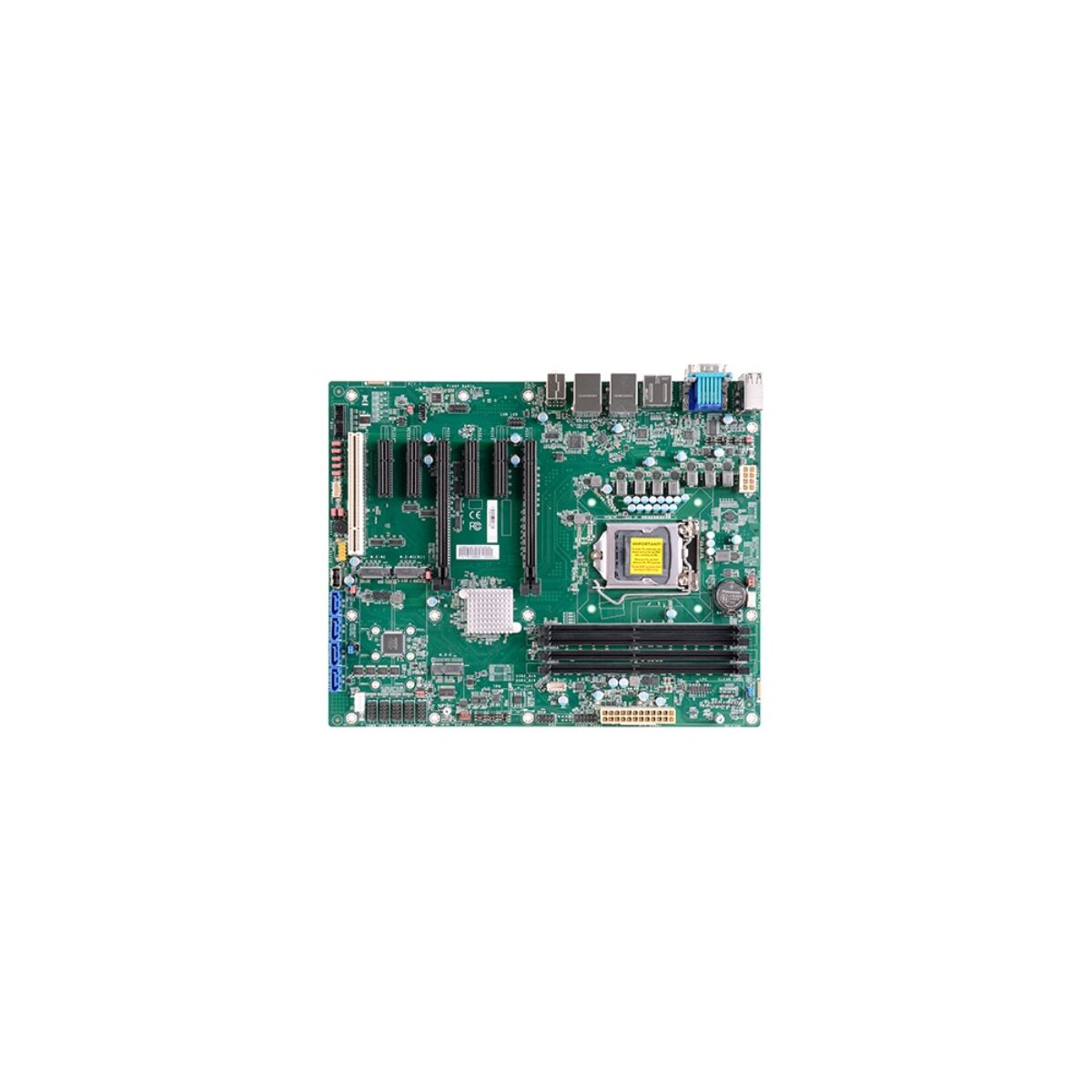 DFI CMS632 ATX motherboard, top view with LGA socket, four DIMM slots, seven expansion slots and SATA ports