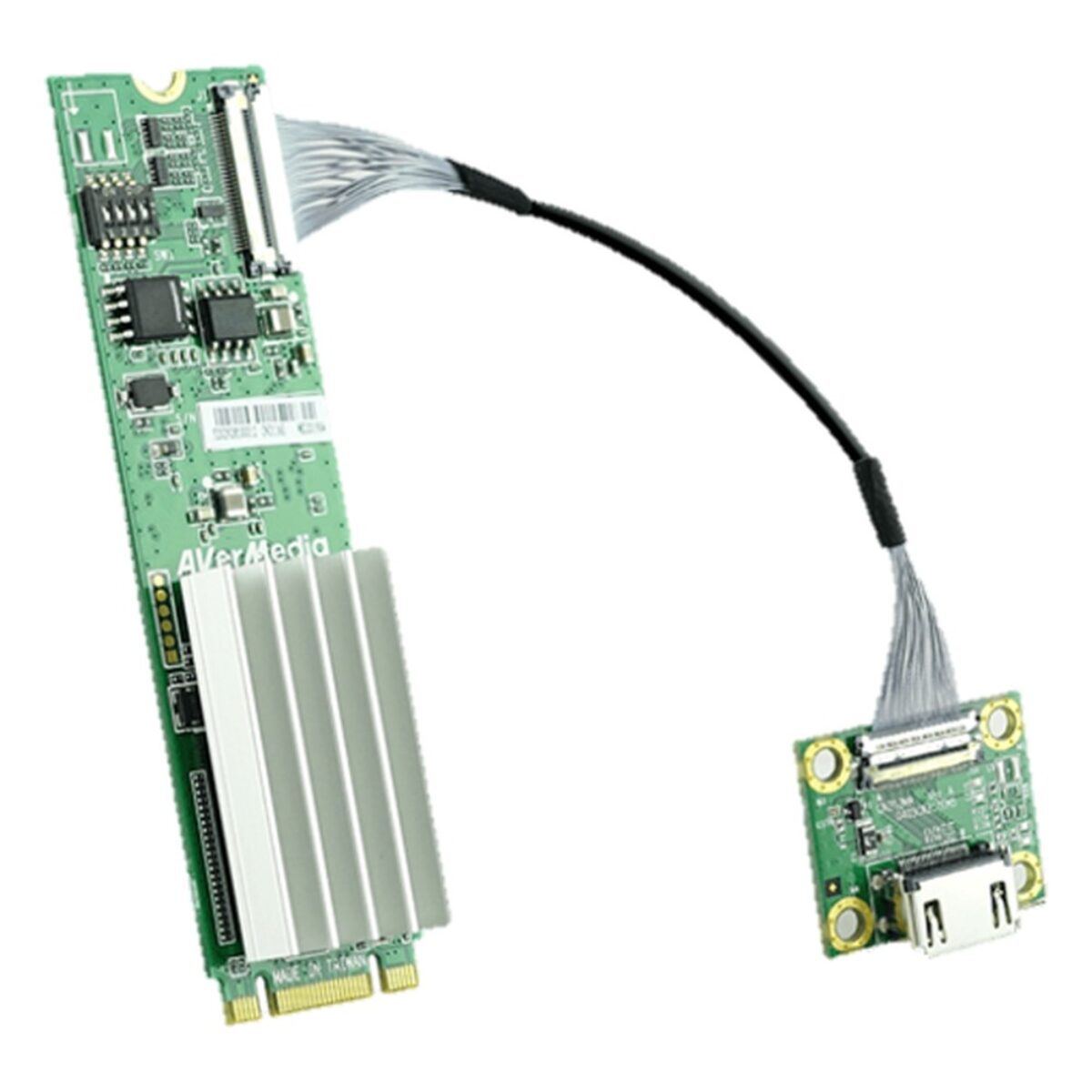 AVerMedia CN311-H M.2 video capture card with HDMI input board and cable, angled view