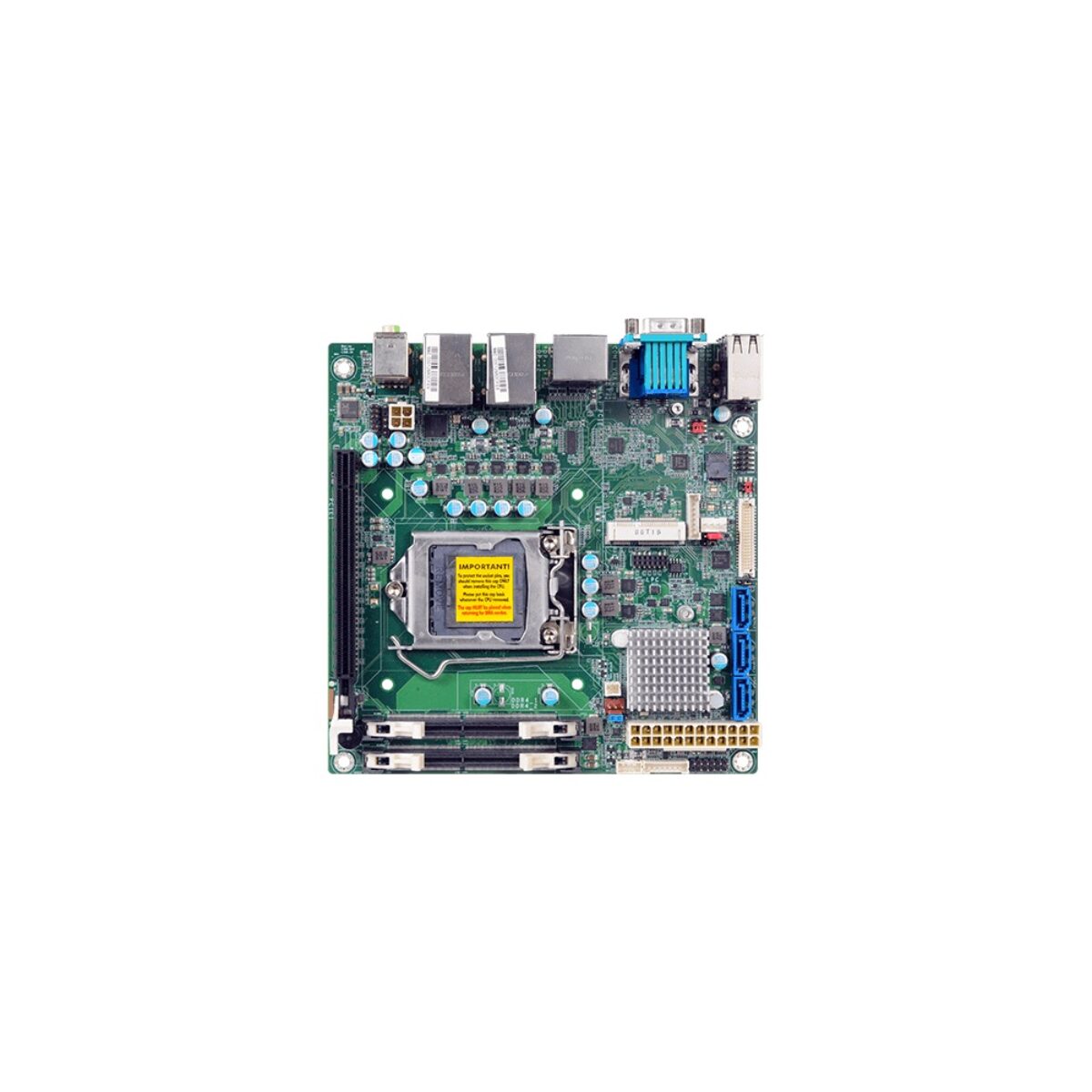 DFI CS100 Mini-ITX motherboard, top view with LGA socket, two DIMM slots, PCIe x16 slot, SATA and COM over VGA