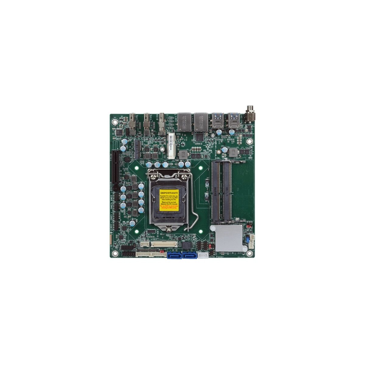DFI CS101 Thin Mini-ITX motherboard, top view with CPU socket, two SO-DIMM slots, PCIe slot, SATA and rear I/O