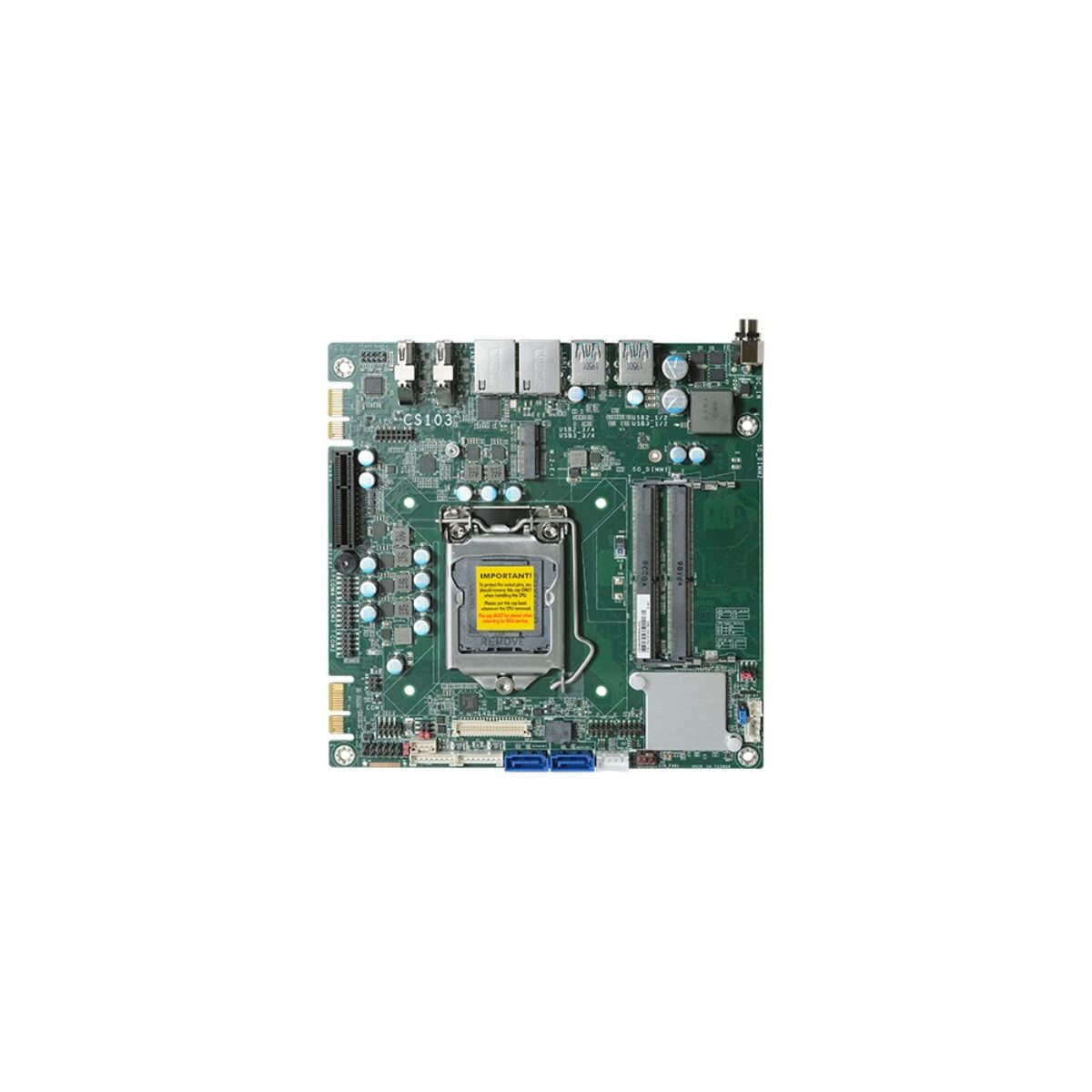 DFI CS103 Thin Mini-ITX SBC, top view with LGA socket, twin SO-DIMM slots, PCIe slot and SATA ports