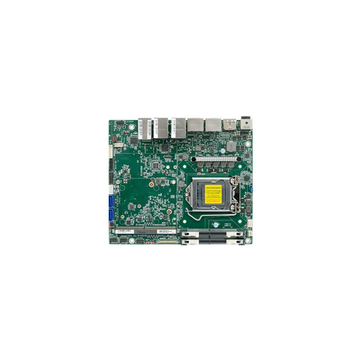 DFI CS181 Mini-ITX motherboard, top view with LGA socket, two DIMM slots, SATA ports and four RJ45 on the rear edge