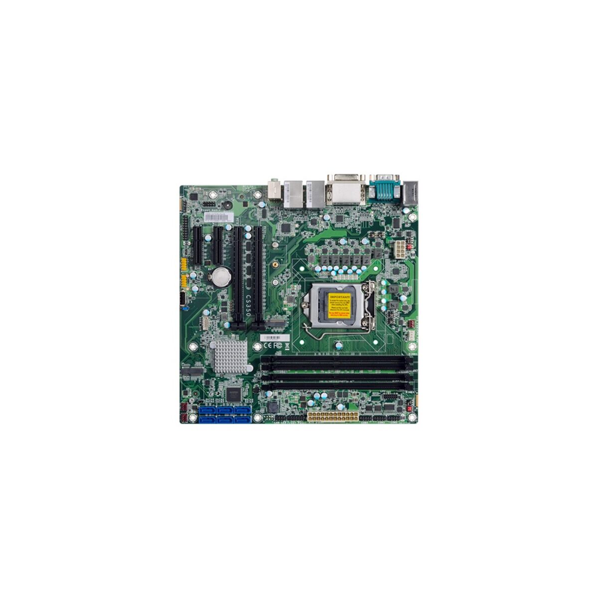 DFI CS350 Micro-ATX motherboard, top view showing the LGA socket, four DIMM slots, PCIe slots and SATA ports