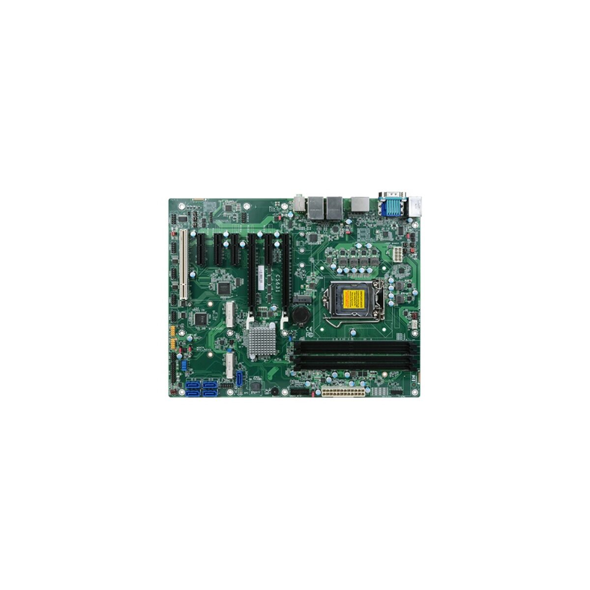 DFI CS631 ATX motherboard, top view showing the LGA socket, four DIMM slots, PCIe and PCI slots and SATA