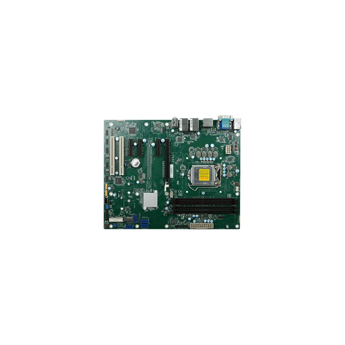 DFI CS632 ATX motherboard, top view showing the LGA socket, four DIMM slots, PCI and PCIe slots