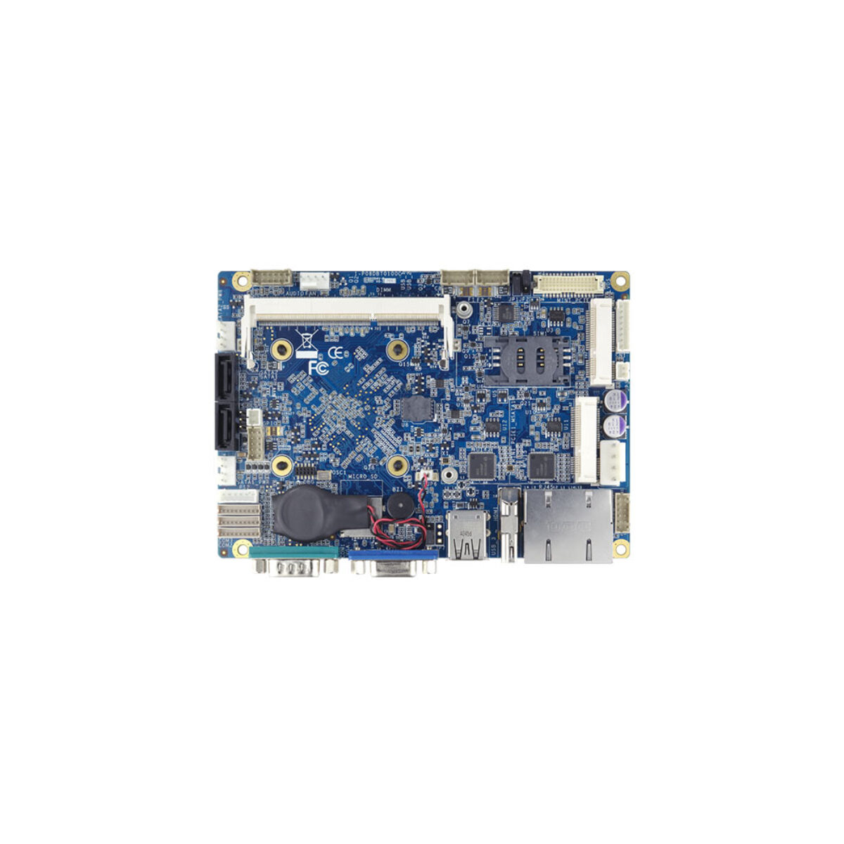 Premio CT-DBT02 SBC, top view of the board with SO-DIMM socket, SIM slot and SATA connectors