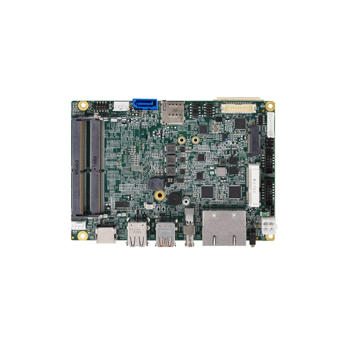Premio CT-DR101 SBC, top view with two SO-DIMM sockets, SIM slot and rear connectors