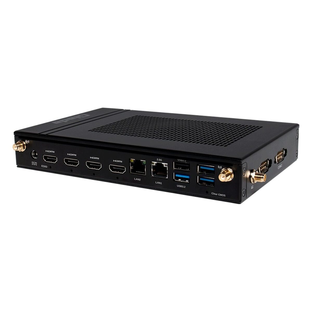 Giada D108 4K media player, rear view with four HDMI outputs and LAN