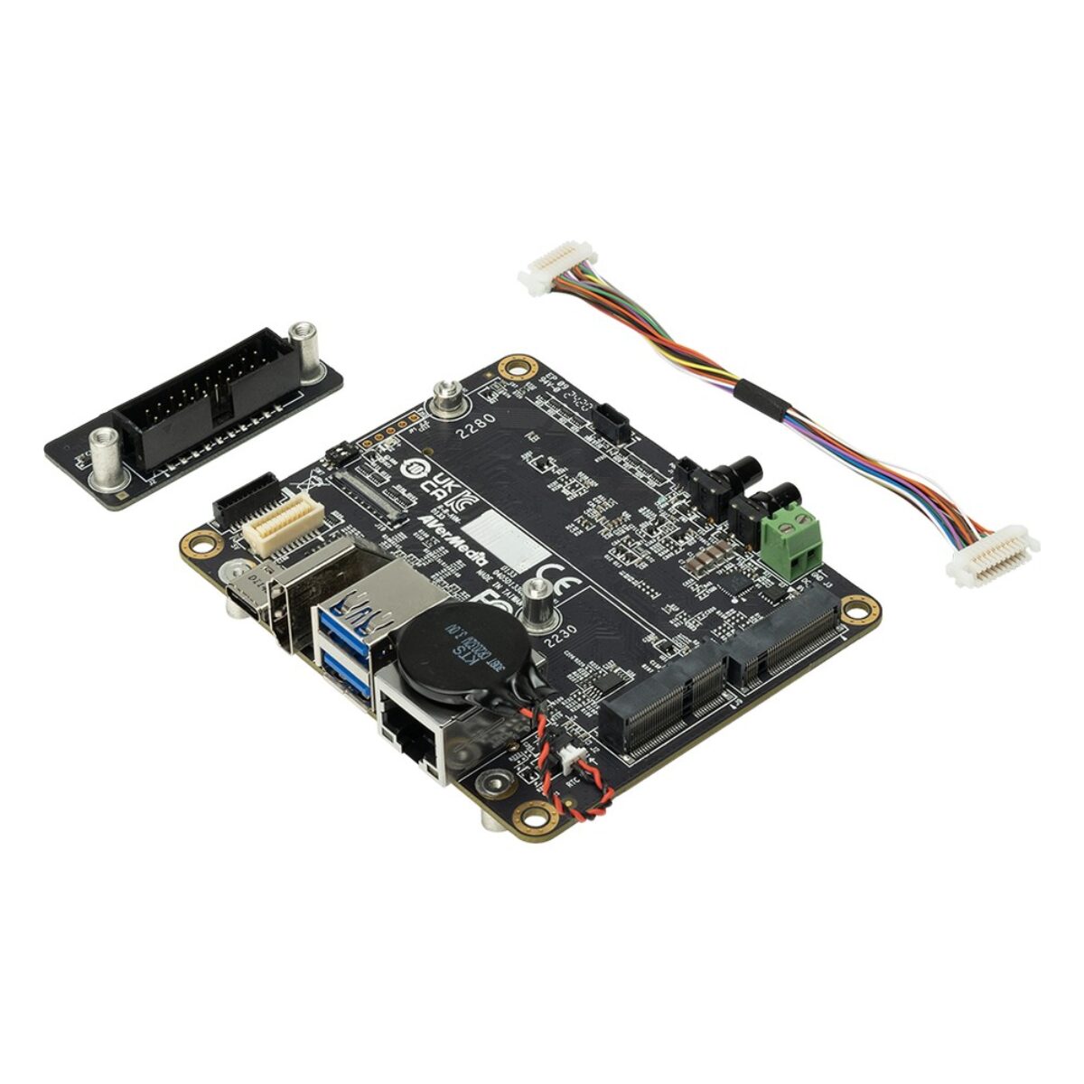AVerMedia D133-1 NVIDIA Jetson carrier board with GPIO breakout board and cable, angled top view