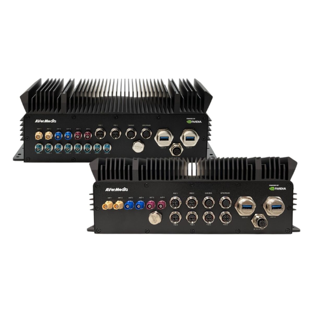 AVerMedia D135 fanless IP65 NVIDIA Jetson box PC, GMSL build (rear) and PoE build (front), front views