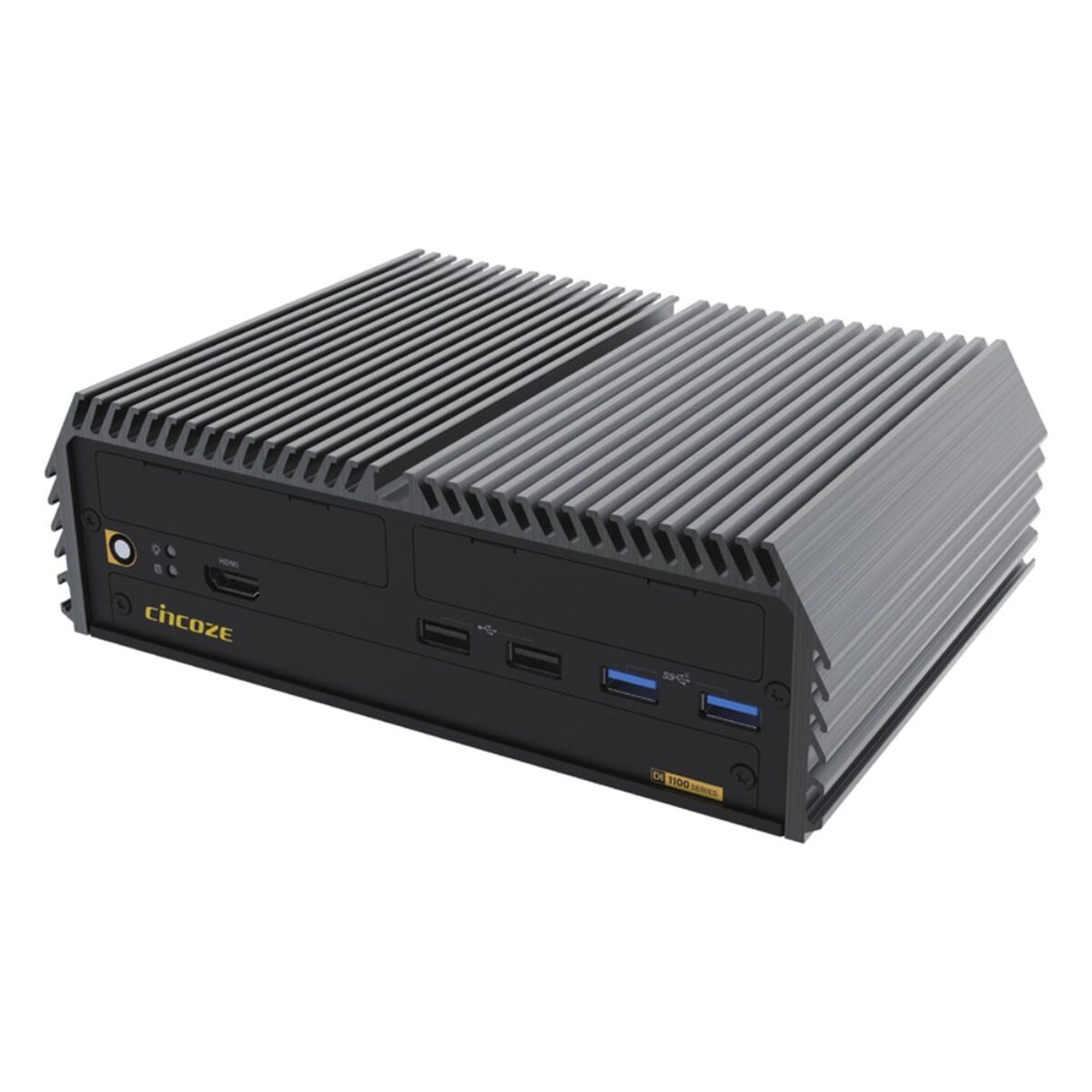 Cincoze DI-1100 rugged fanless PC, angled front view
