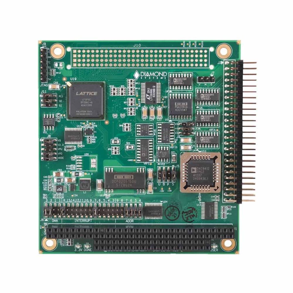 Diamond Systems DMM-16R-AT PC/104 analog I/O module, top view with ISA stack connector, I/O header and jumper blocks
